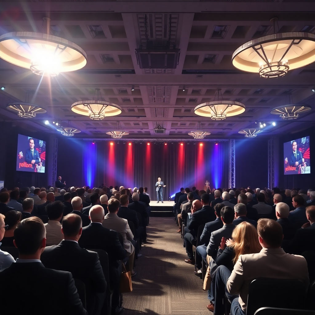 Corporate convention event with audience, professional stage lighting, business presentation atmosphere